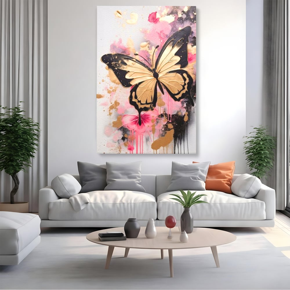 Tablou Canvas Premium, LuxCanva® M1137, Fluturele din Cerneala, Roz, Auriu, Graffiti, Aripi, Fluture, Insecta, Street Art, Modern, Tablou, Contur, Abstract, Birou, Living, Camera Copil