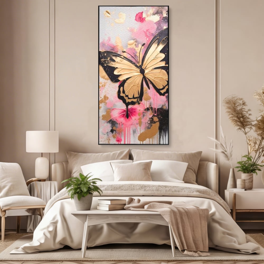 Tablou Canvas Premium, LuxCanva® M1137, Fluturele din Cerneala, Roz, Auriu, Graffiti, Aripi, Fluture, Insecta, Street Art, Modern, Tablou, Contur, Abstract, Birou, Living, Camera Copil