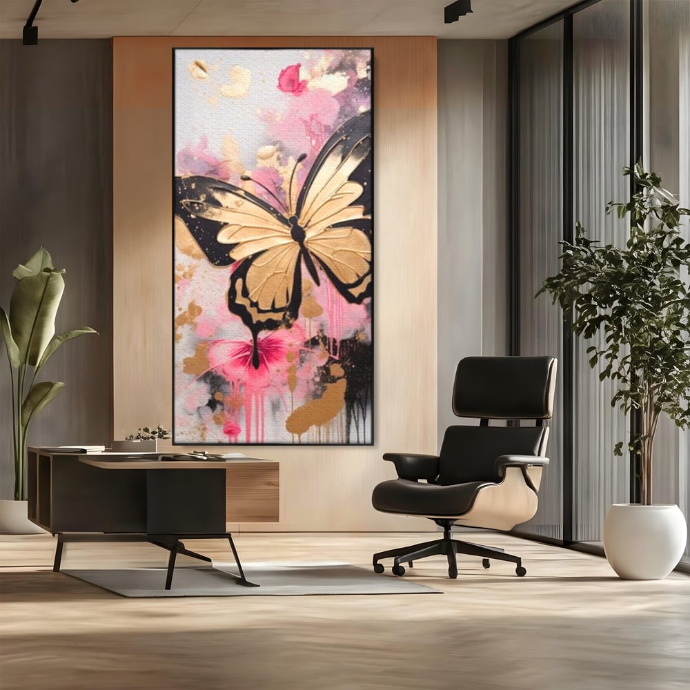 Tablou Canvas Premium, LuxCanva® M1137, Fluturele din Cerneala, Roz, Auriu, Graffiti, Aripi, Fluture, Insecta, Street Art, Modern, Tablou, Contur, Abstract, Birou, Living, Camera Copil