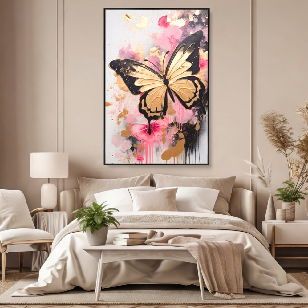 Tablou Canvas Premium, LuxCanva® M1137, Fluturele din Cerneala, Roz, Auriu, Graffiti, Aripi, Fluture, Insecta, Street Art, Modern, Tablou, Contur, Abstract, Birou, Living, Camera Copil