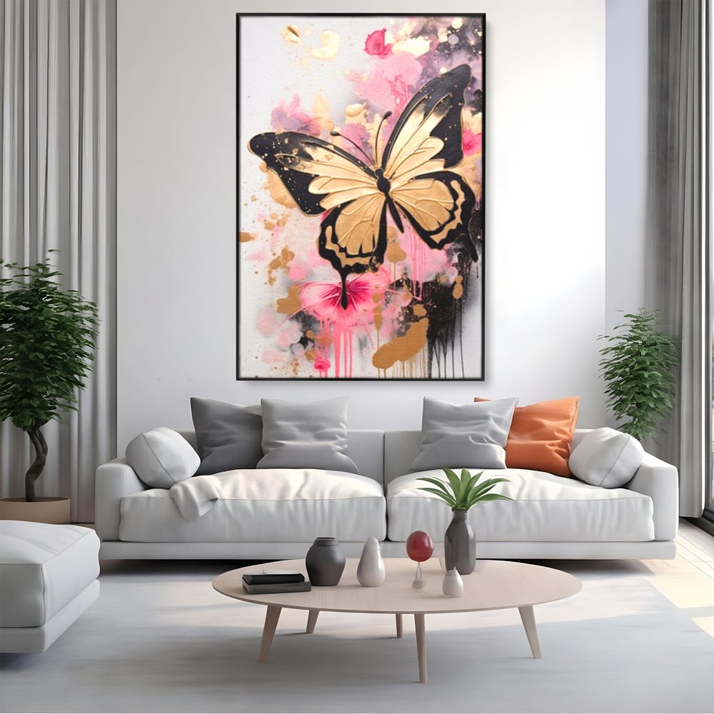 Tablou Canvas Premium, LuxCanva® M1137, Fluturele din Cerneala, Roz, Auriu, Graffiti, Aripi, Fluture, Insecta, Street Art, Modern, Tablou, Contur, Abstract, Birou, Living, Camera Copil