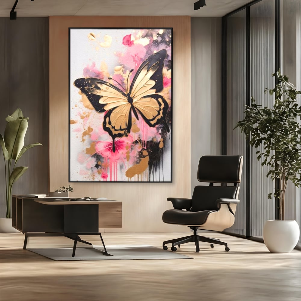 Tablou Canvas Premium, LuxCanva® M1137, Fluturele din Cerneala, Roz, Auriu, Graffiti, Aripi, Fluture, Insecta, Street Art, Modern, Tablou, Contur, Abstract, Birou, Living, Camera Copil