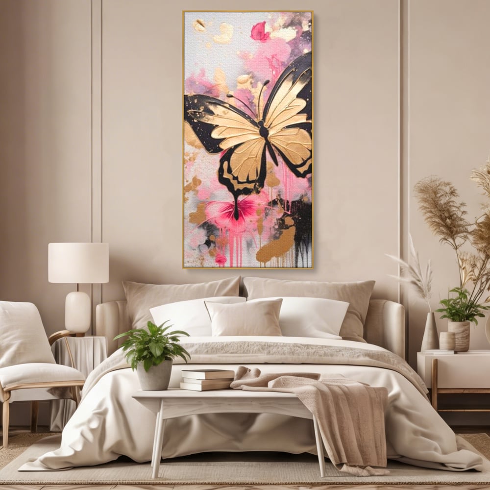 Tablou Canvas Premium, LuxCanva® M1137, Fluturele din Cerneala, Roz, Auriu, Graffiti, Aripi, Fluture, Insecta, Street Art, Modern, Tablou, Contur, Abstract, Birou, Living, Camera Copil