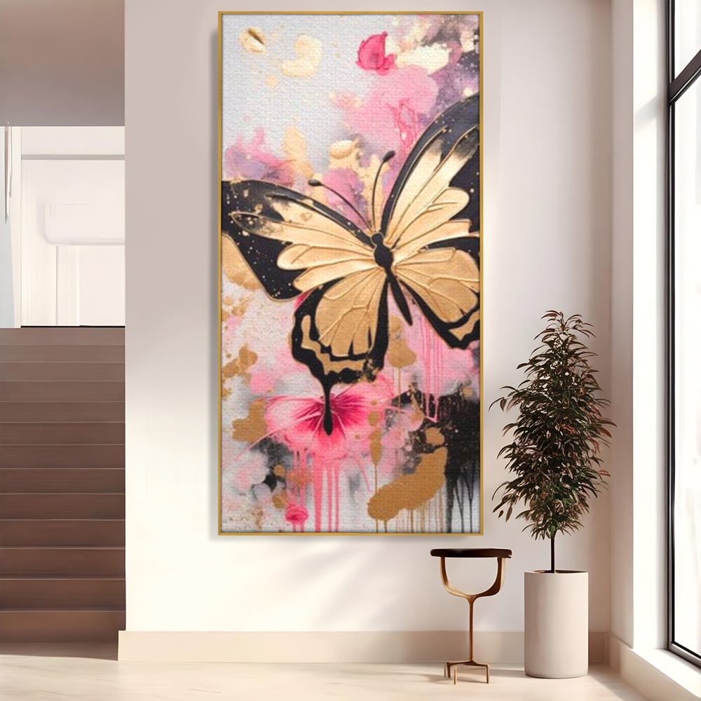 Tablou Canvas Premium, LuxCanva® M1137, Fluturele din Cerneala, Roz, Auriu, Graffiti, Aripi, Fluture, Insecta, Street Art, Modern, Tablou, Contur, Abstract, Birou, Living, Camera Copil