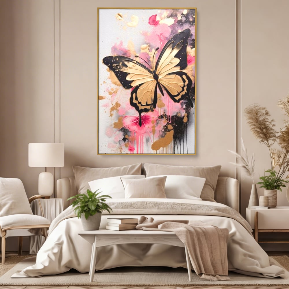 Tablou Canvas Premium, LuxCanva® M1137, Fluturele din Cerneala, Roz, Auriu, Graffiti, Aripi, Fluture, Insecta, Street Art, Modern, Tablou, Contur, Abstract, Birou, Living, Camera Copil