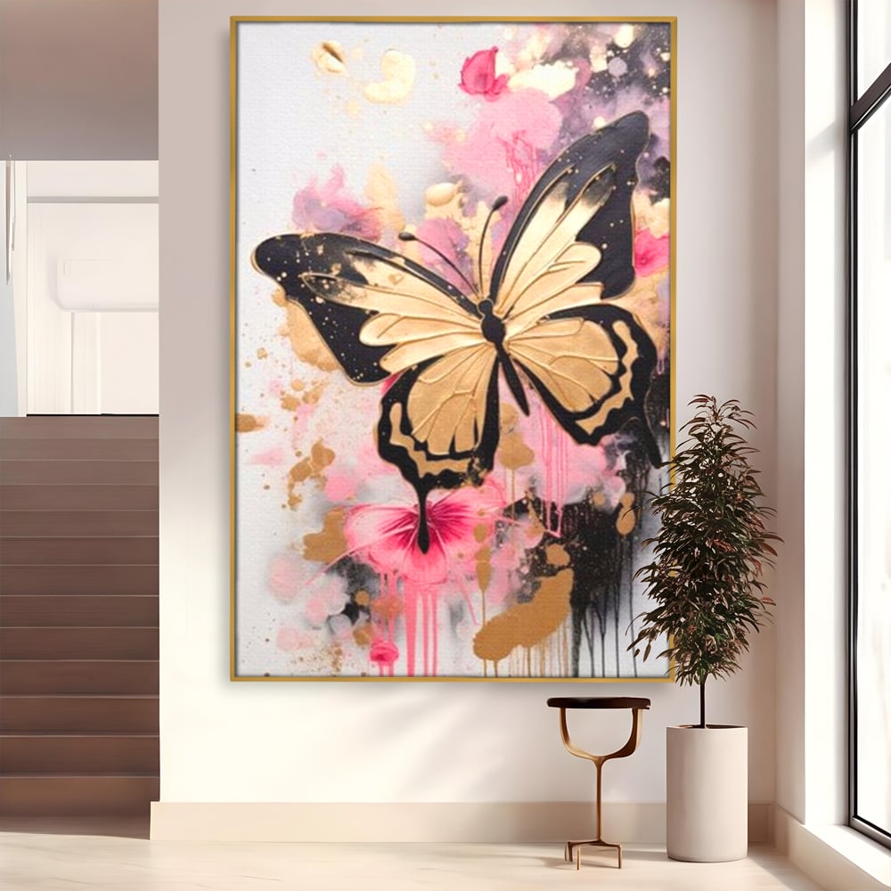 Tablou Canvas Premium, LuxCanva® M1137, Fluturele din Cerneala, Roz, Auriu, Graffiti, Aripi, Fluture, Insecta, Street Art, Modern, Tablou, Contur, Abstract, Birou, Living, Camera Copil