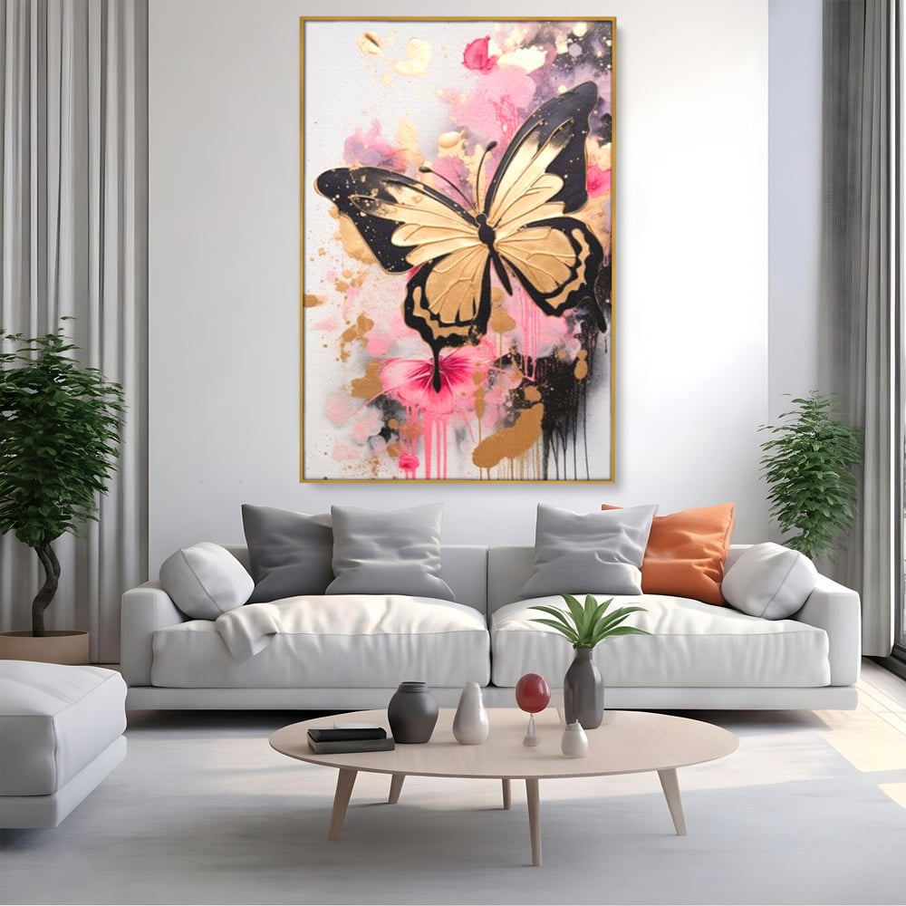 Tablou Canvas Premium, LuxCanva® M1137, Fluturele din Cerneala, Roz, Auriu, Graffiti, Aripi, Fluture, Insecta, Street Art, Modern, Tablou, Contur, Abstract, Birou, Living, Camera Copil