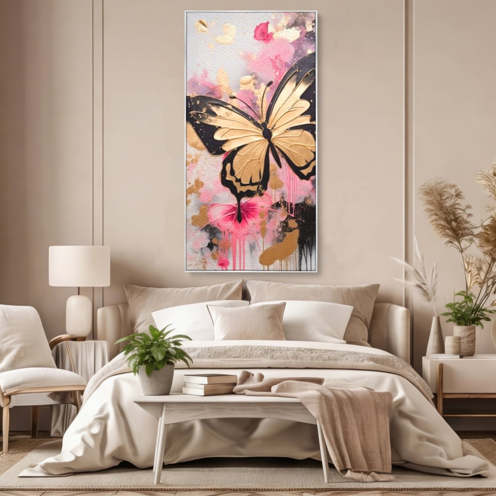 Tablou Canvas Premium, LuxCanva® M1137, Fluturele din Cerneala, Roz, Auriu, Graffiti, Aripi, Fluture, Insecta, Street Art, Modern, Tablou, Contur, Abstract, Birou, Living, Camera Copil