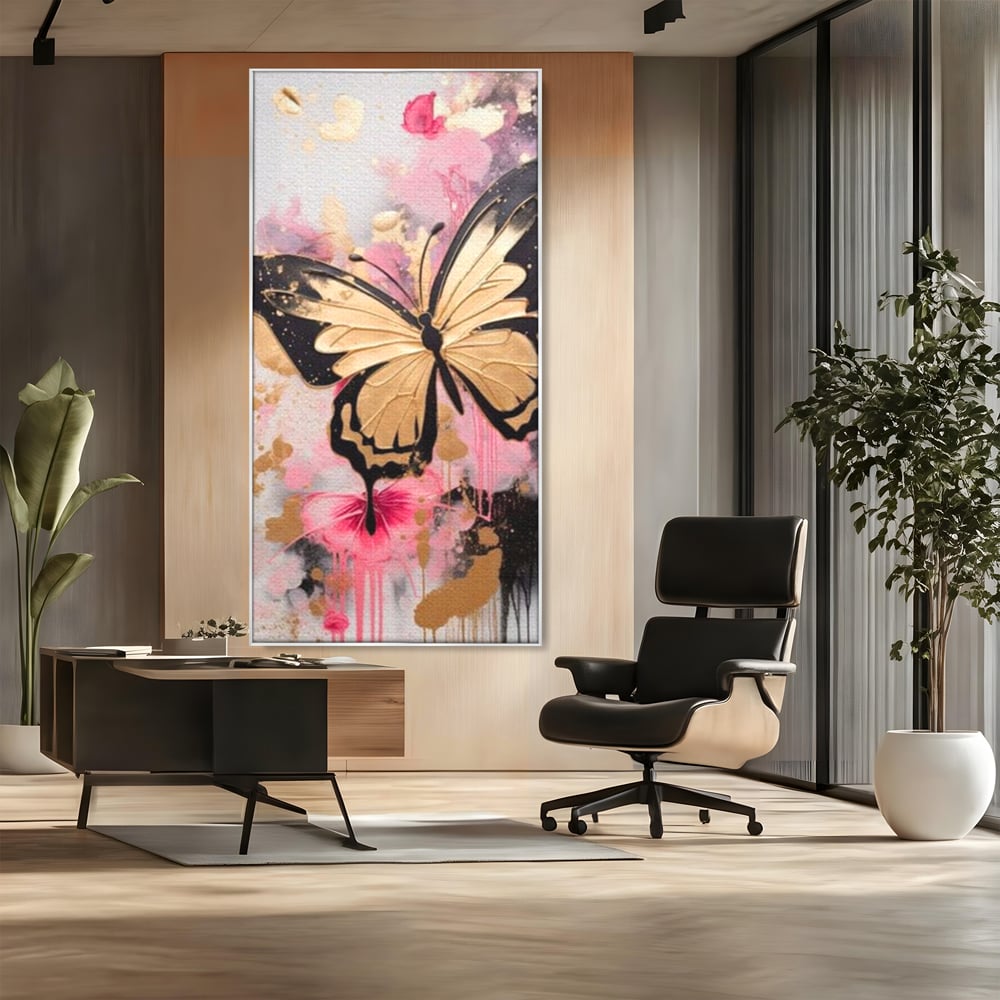 Tablou Canvas Premium, LuxCanva® M1137, Fluturele din Cerneala, Roz, Auriu, Graffiti, Aripi, Fluture, Insecta, Street Art, Modern, Tablou, Contur, Abstract, Birou, Living, Camera Copil