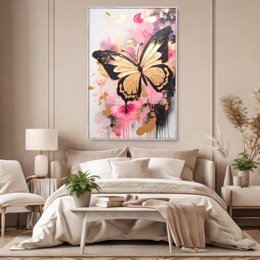 Tablou Canvas Premium, LuxCanva® M1137, Fluturele din Cerneala, Roz, Auriu, Graffiti, Aripi, Fluture, Insecta, Street Art, Modern, Tablou, Contur, Abstract, Birou, Living, Camera Copil