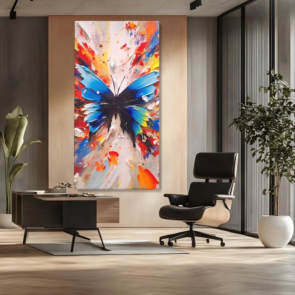 Leinwand Premium Canvas Wandkunst, LuxCanva® M1138, Fliegen durch die Schatten, Gemälde, mehrfarbig, Schmetterling, Flügel, Fliegen, Leinwand, Street Art, Gemälde, Moderne Kunst, Abstrakt, Kreativität, Büro, Wohnen, Kinderzimmer