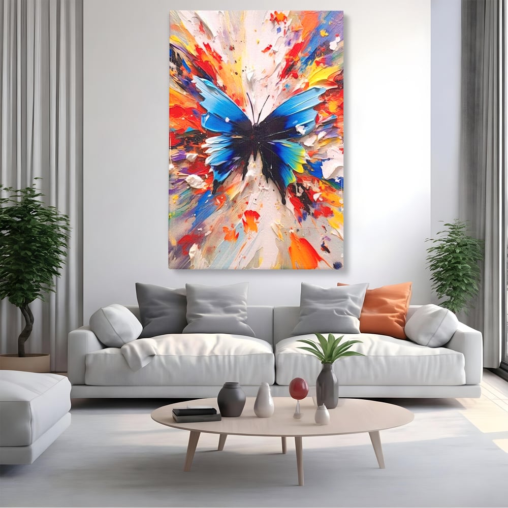 Leinwand Premium Canvas Wandkunst, LuxCanva® M1138, Fliegen durch die Schatten, Gemälde, mehrfarbig, Schmetterling, Flügel, Fliegen, Leinwand, Street Art, Gemälde, Moderne Kunst, Abstrakt, Kreativität, Büro, Wohnen, Kinderzimmer