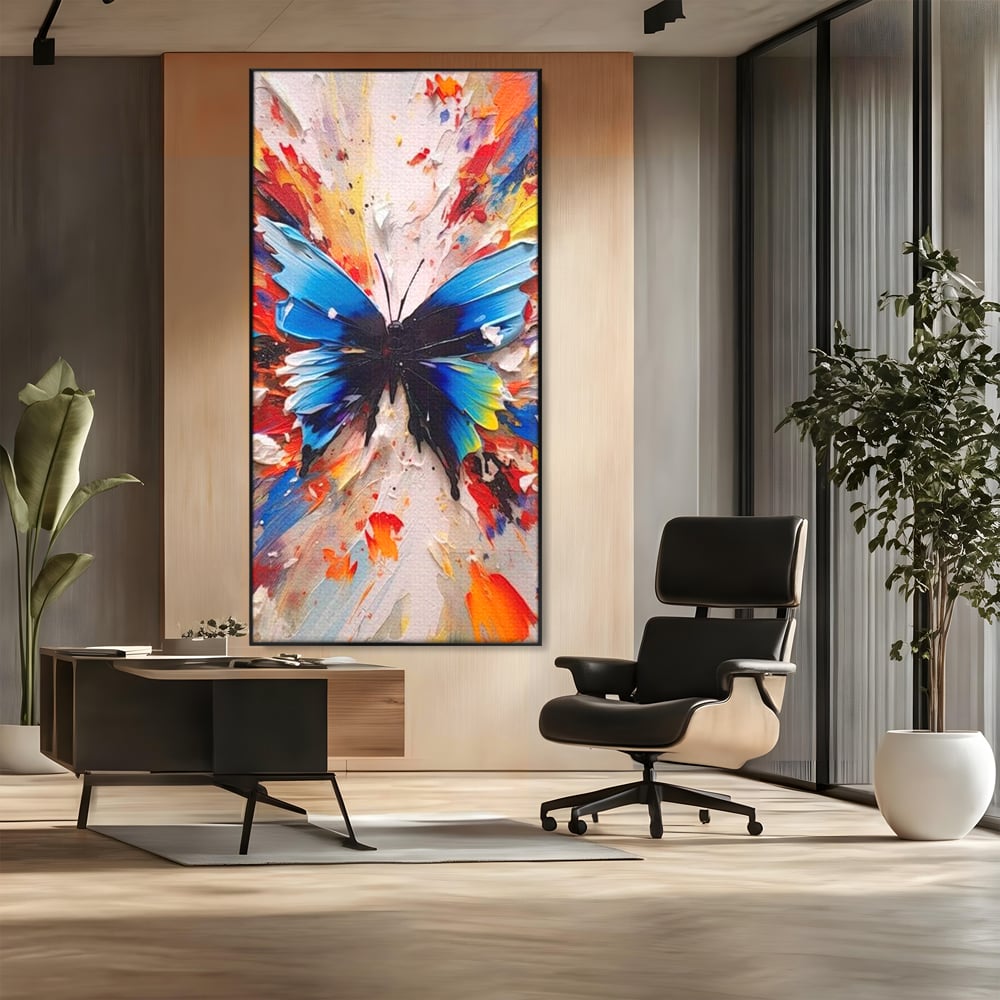 Leinwand Premium Canvas Wandkunst, LuxCanva® M1138, Fliegen durch die Schatten, Gemälde, mehrfarbig, Schmetterling, Flügel, Fliegen, Leinwand, Street Art, Gemälde, Moderne Kunst, Abstrakt, Kreativität, Büro, Wohnen, Kinderzimmer