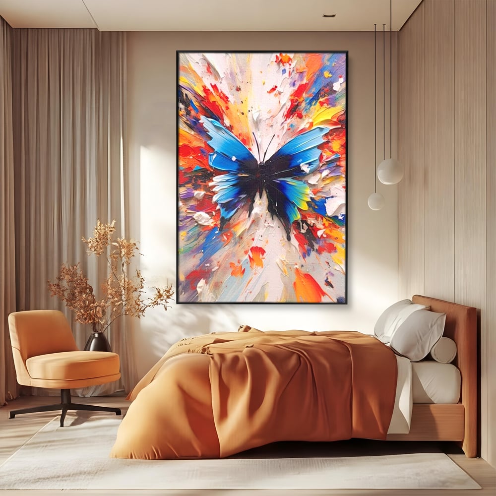 Leinwand Premium Canvas Wandkunst, LuxCanva® M1138, Fliegen durch die Schatten, Gemälde, mehrfarbig, Schmetterling, Flügel, Fliegen, Leinwand, Street Art, Gemälde, Moderne Kunst, Abstrakt, Kreativität, Büro, Wohnen, Kinderzimmer