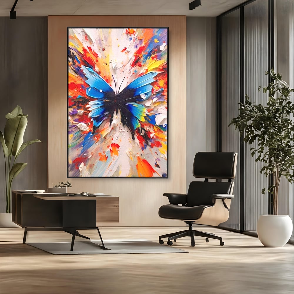 Leinwand Premium Canvas Wandkunst, LuxCanva® M1138, Fliegen durch die Schatten, Gemälde, mehrfarbig, Schmetterling, Flügel, Fliegen, Leinwand, Street Art, Gemälde, Moderne Kunst, Abstrakt, Kreativität, Büro, Wohnen, Kinderzimmer