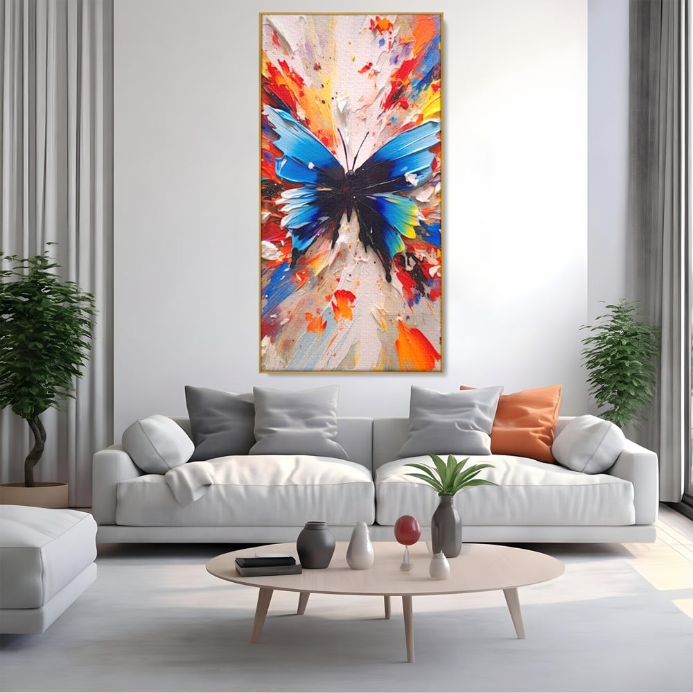 Leinwand Premium Canvas Wandkunst, LuxCanva® M1138, Fliegen durch die Schatten, Gemälde, mehrfarbig, Schmetterling, Flügel, Fliegen, Leinwand, Street Art, Gemälde, Moderne Kunst, Abstrakt, Kreativität, Büro, Wohnen, Kinderzimmer