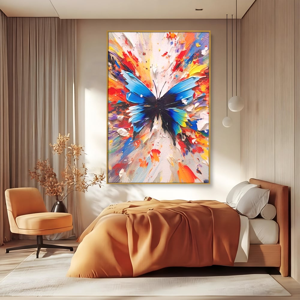 Leinwand Premium Canvas Wandkunst, LuxCanva® M1138, Fliegen durch die Schatten, Gemälde, mehrfarbig, Schmetterling, Flügel, Fliegen, Leinwand, Street Art, Gemälde, Moderne Kunst, Abstrakt, Kreativität, Büro, Wohnen, Kinderzimmer