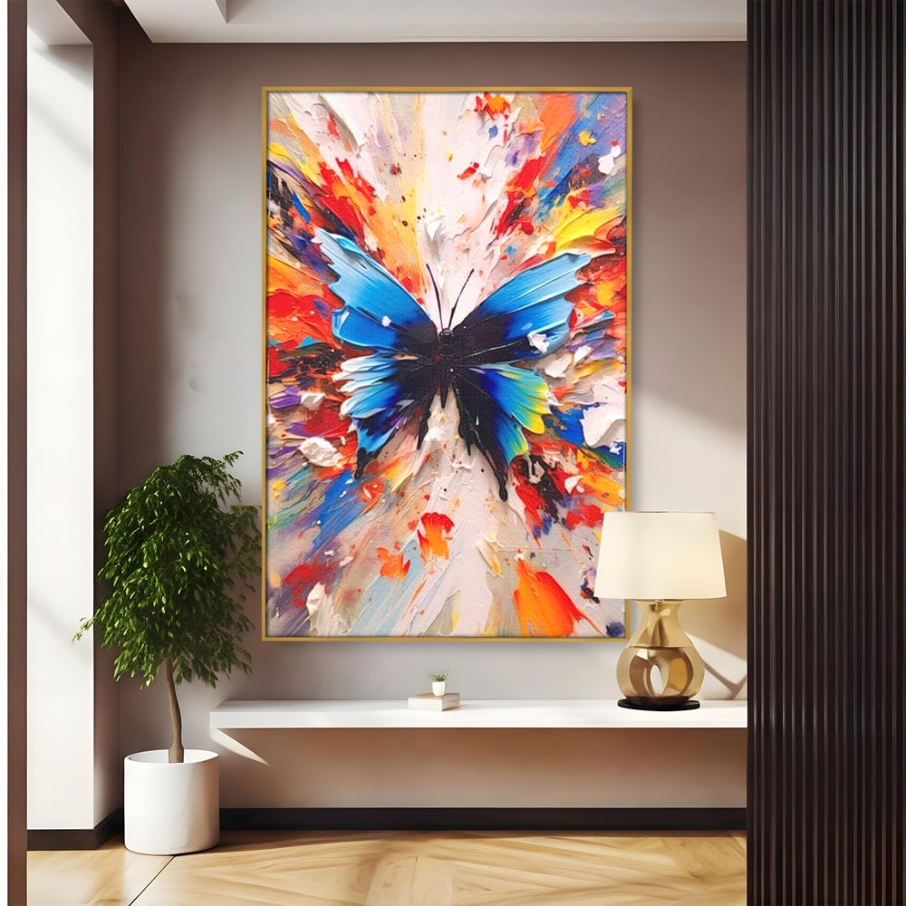 Leinwand Premium Canvas Wandkunst, LuxCanva® M1138, Fliegen durch die Schatten, Gemälde, mehrfarbig, Schmetterling, Flügel, Fliegen, Leinwand, Street Art, Gemälde, Moderne Kunst, Abstrakt, Kreativität, Büro, Wohnen, Kinderzimmer