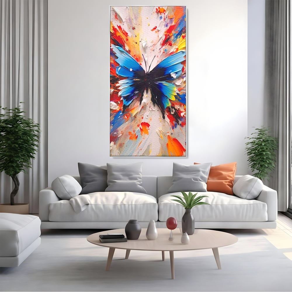 Leinwand Premium Canvas Wandkunst, LuxCanva® M1138, Fliegen durch die Schatten, Gemälde, mehrfarbig, Schmetterling, Flügel, Fliegen, Leinwand, Street Art, Gemälde, Moderne Kunst, Abstrakt, Kreativität, Büro, Wohnen, Kinderzimmer