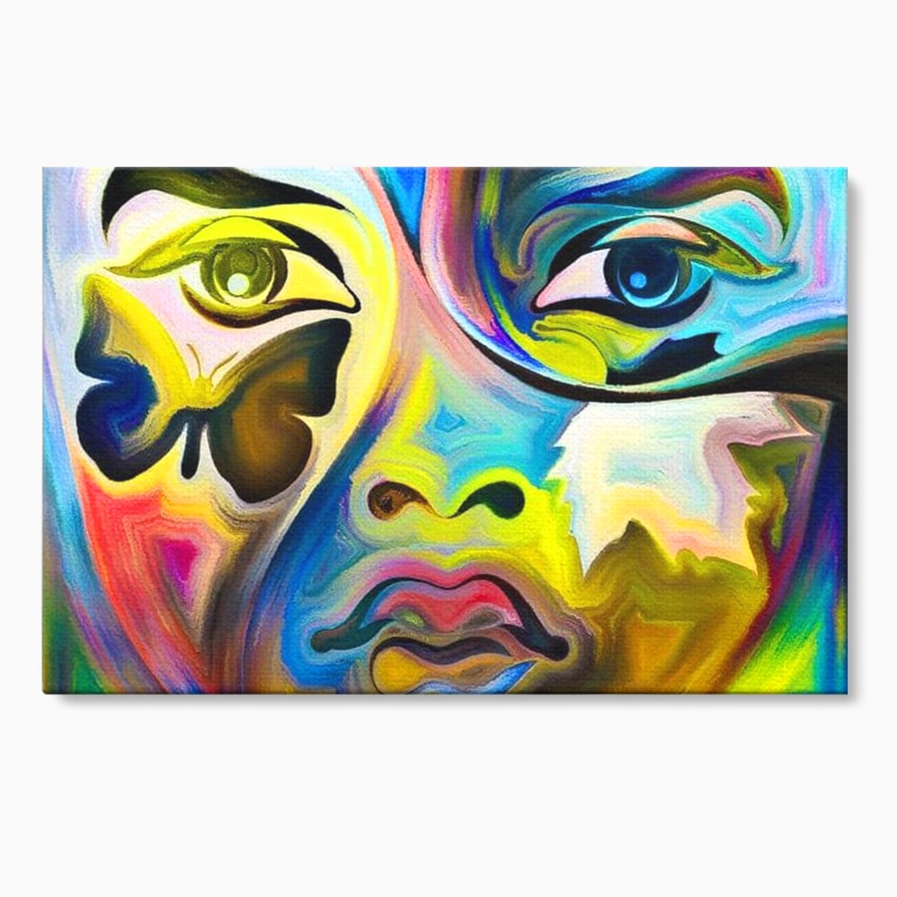 Leinwand Premium Canvas Wandkunst, LuxCanva® M1140, Labyrinth des Blicks, Portrait, Gesicht, Blick, Augen, Gesicht, Schmetterling, Abstrakte Kunst, Mehrfarbig, Transformation, Modern, Büro, Wohnen, Kinderzimmer