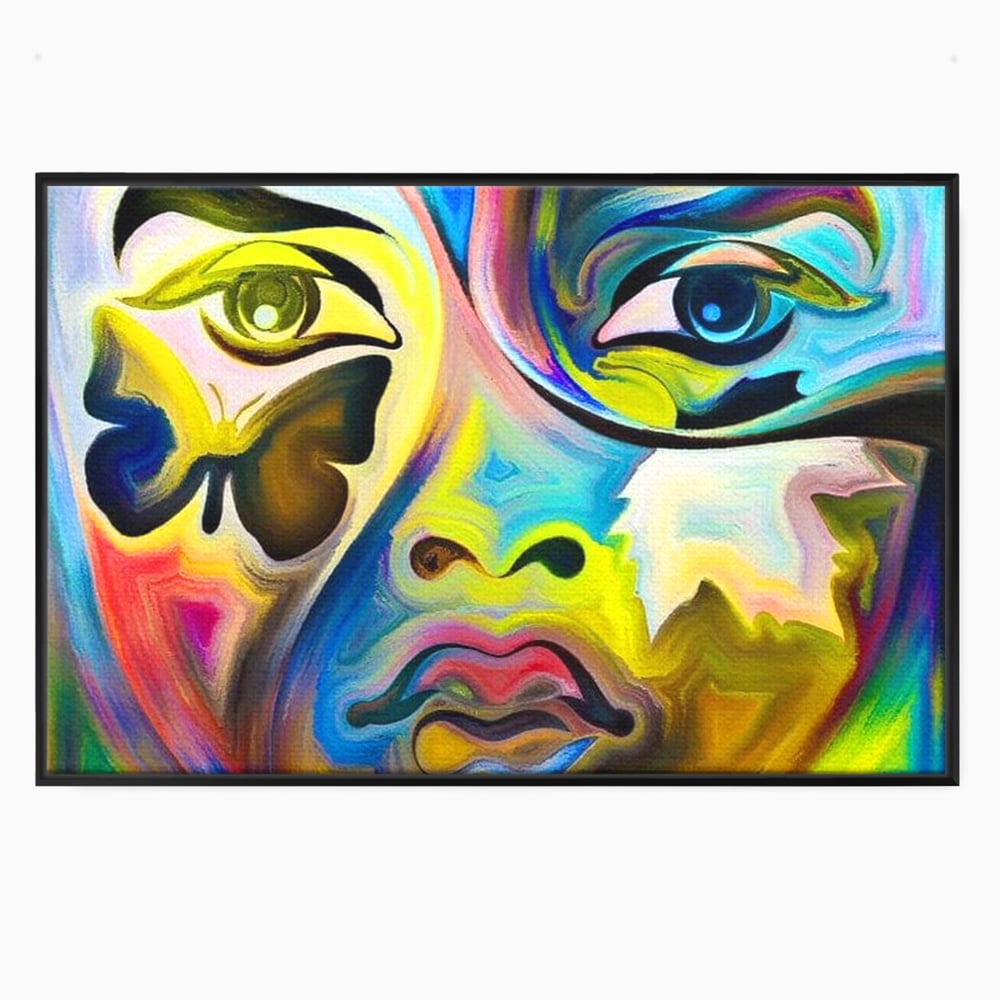 Leinwand Premium Canvas Wandkunst, LuxCanva® M1140, Labyrinth des Blicks, Portrait, Gesicht, Blick, Augen, Gesicht, Schmetterling, Abstrakte Kunst, Mehrfarbig, Transformation, Modern, Büro, Wohnen, Kinderzimmer