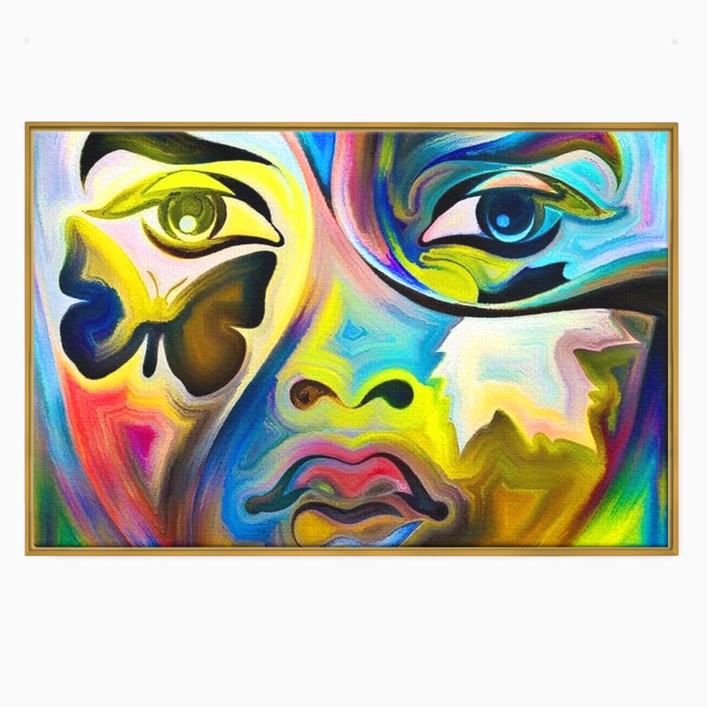 Leinwand Premium Canvas Wandkunst, LuxCanva® M1140, Labyrinth des Blicks, Portrait, Gesicht, Blick, Augen, Gesicht, Schmetterling, Abstrakte Kunst, Mehrfarbig, Transformation, Modern, Büro, Wohnen, Kinderzimmer
