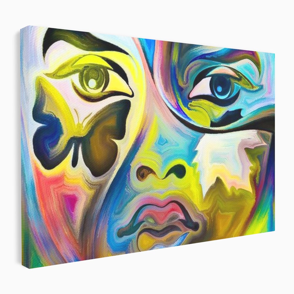 Leinwand Premium Canvas Wandkunst, LuxCanva® M1140, Labyrinth des Blicks, Portrait, Gesicht, Blick, Augen, Gesicht, Schmetterling, Abstrakte Kunst, Mehrfarbig, Transformation, Modern, Büro, Wohnen, Kinderzimmer