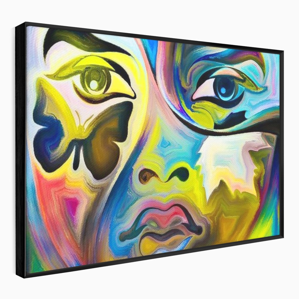 Leinwand Premium Canvas Wandkunst, LuxCanva® M1140, Labyrinth des Blicks, Portrait, Gesicht, Blick, Augen, Gesicht, Schmetterling, Abstrakte Kunst, Mehrfarbig, Transformation, Modern, Büro, Wohnen, Kinderzimmer