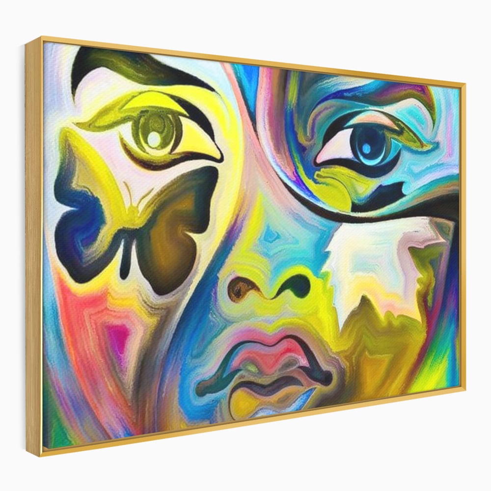Leinwand Premium Canvas Wandkunst, LuxCanva® M1140, Labyrinth des Blicks, Portrait, Gesicht, Blick, Augen, Gesicht, Schmetterling, Abstrakte Kunst, Mehrfarbig, Transformation, Modern, Büro, Wohnen, Kinderzimmer