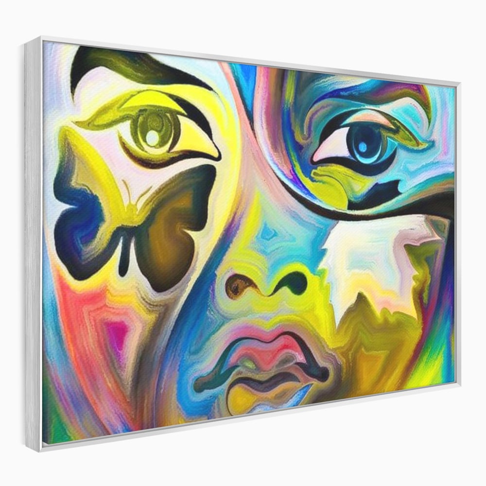 Leinwand Premium Canvas Wandkunst, LuxCanva® M1140, Labyrinth des Blicks, Portrait, Gesicht, Blick, Augen, Gesicht, Schmetterling, Abstrakte Kunst, Mehrfarbig, Transformation, Modern, Büro, Wohnen, Kinderzimmer