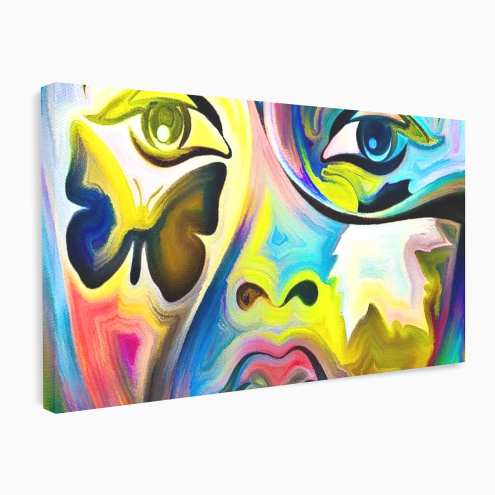 Leinwand Premium Canvas Wandkunst, LuxCanva® M1140, Labyrinth des Blicks, Portrait, Gesicht, Blick, Augen, Gesicht, Schmetterling, Abstrakte Kunst, Mehrfarbig, Transformation, Modern, Büro, Wohnen, Kinderzimmer