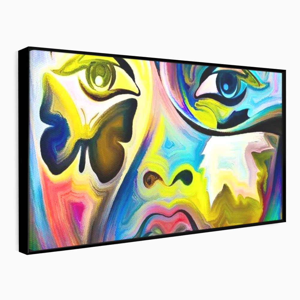 Leinwand Premium Canvas Wandkunst, LuxCanva® M1140, Labyrinth des Blicks, Portrait, Gesicht, Blick, Augen, Gesicht, Schmetterling, Abstrakte Kunst, Mehrfarbig, Transformation, Modern, Büro, Wohnen, Kinderzimmer