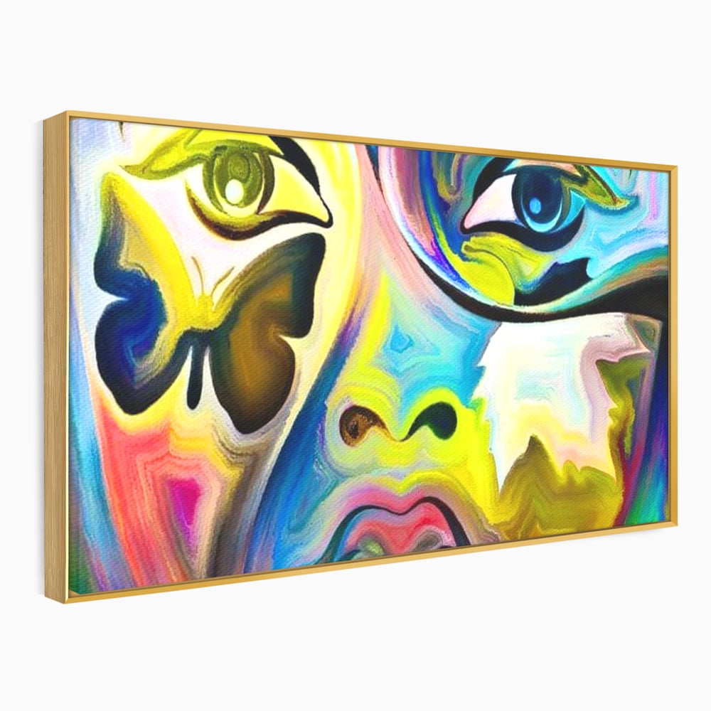 Leinwand Premium Canvas Wandkunst, LuxCanva® M1140, Labyrinth des Blicks, Portrait, Gesicht, Blick, Augen, Gesicht, Schmetterling, Abstrakte Kunst, Mehrfarbig, Transformation, Modern, Büro, Wohnen, Kinderzimmer