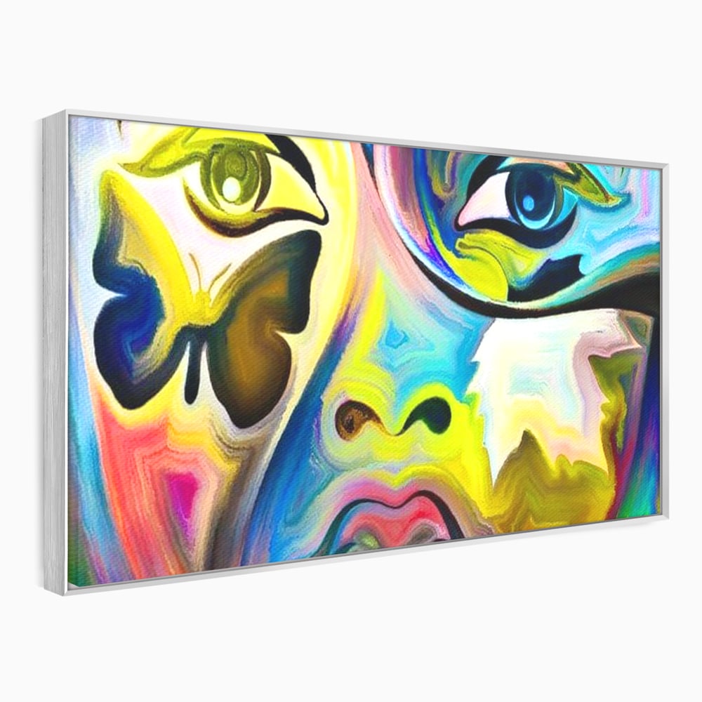 Leinwand Premium Canvas Wandkunst, LuxCanva® M1140, Labyrinth des Blicks, Portrait, Gesicht, Blick, Augen, Gesicht, Schmetterling, Abstrakte Kunst, Mehrfarbig, Transformation, Modern, Büro, Wohnen, Kinderzimmer