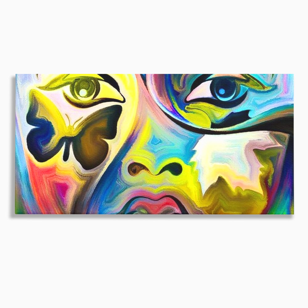 Leinwand Premium Canvas Wandkunst, LuxCanva® M1140, Labyrinth des Blicks, Portrait, Gesicht, Blick, Augen, Gesicht, Schmetterling, Abstrakte Kunst, Mehrfarbig, Transformation, Modern, Büro, Wohnen, Kinderzimmer