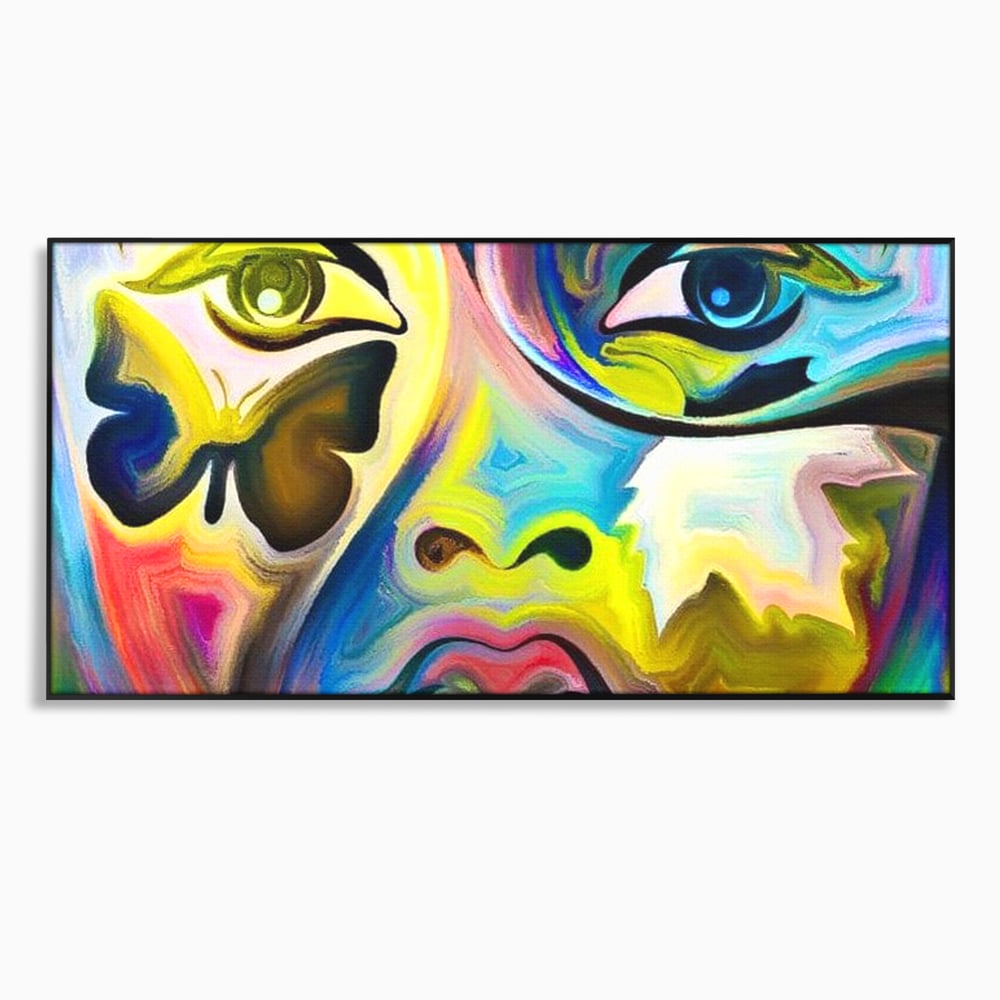 Leinwand Premium Canvas Wandkunst, LuxCanva® M1140, Labyrinth des Blicks, Portrait, Gesicht, Blick, Augen, Gesicht, Schmetterling, Abstrakte Kunst, Mehrfarbig, Transformation, Modern, Büro, Wohnen, Kinderzimmer