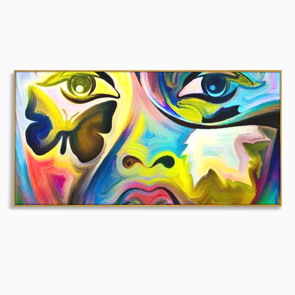 Leinwand Premium Canvas Wandkunst, LuxCanva® M1140, Labyrinth des Blicks, Portrait, Gesicht, Blick, Augen, Gesicht, Schmetterling, Abstrakte Kunst, Mehrfarbig, Transformation, Modern, Büro, Wohnen, Kinderzimmer