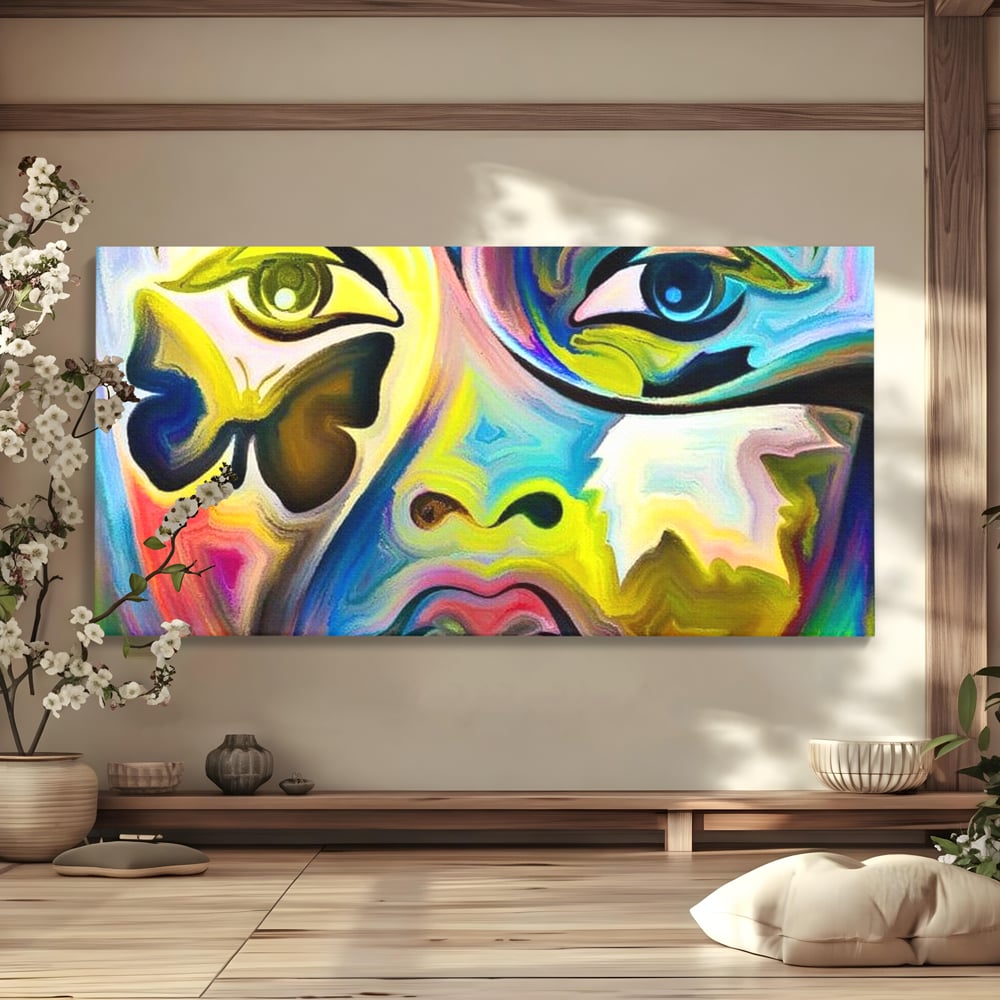 Leinwand Premium Canvas Wandkunst, LuxCanva® M1140, Labyrinth des Blicks, Portrait, Gesicht, Blick, Augen, Gesicht, Schmetterling, Abstrakte Kunst, Mehrfarbig, Transformation, Modern, Büro, Wohnen, Kinderzimmer