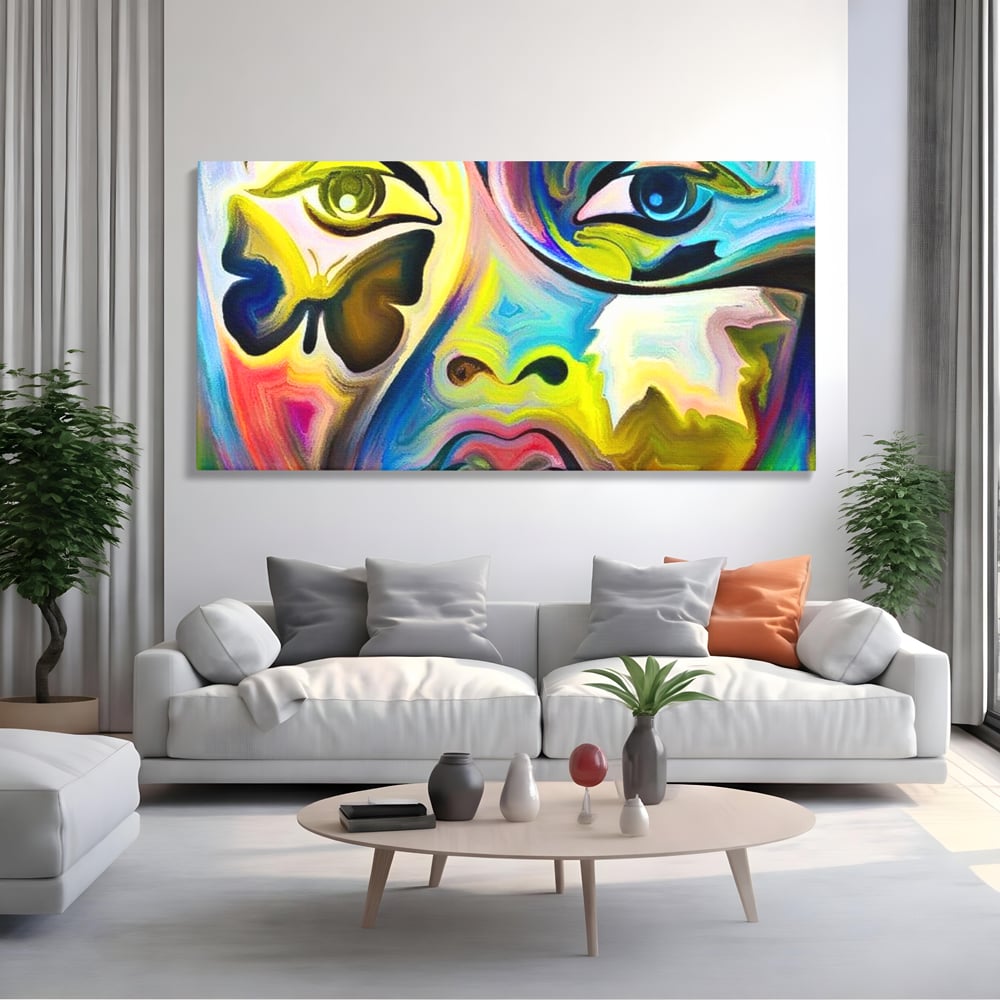Leinwand Premium Canvas Wandkunst, LuxCanva® M1140, Labyrinth des Blicks, Portrait, Gesicht, Blick, Augen, Gesicht, Schmetterling, Abstrakte Kunst, Mehrfarbig, Transformation, Modern, Büro, Wohnen, Kinderzimmer