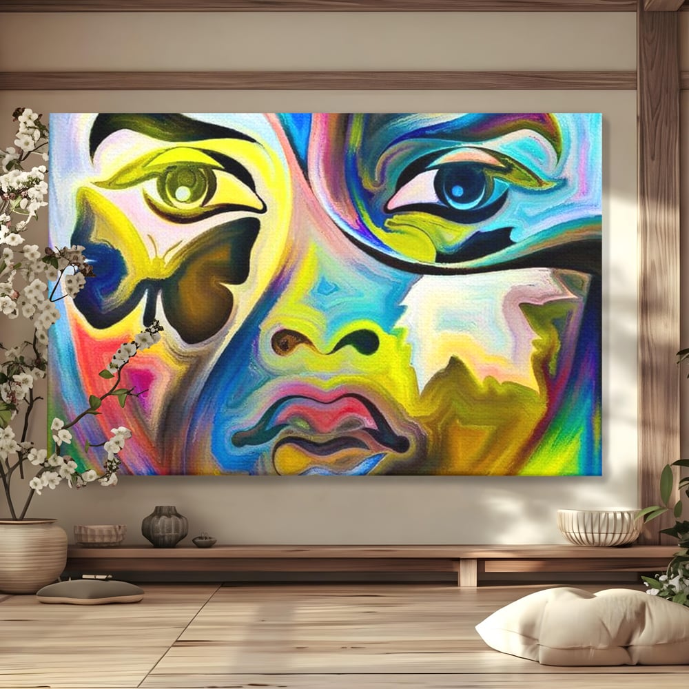 Leinwand Premium Canvas Wandkunst, LuxCanva® M1140, Labyrinth des Blicks, Portrait, Gesicht, Blick, Augen, Gesicht, Schmetterling, Abstrakte Kunst, Mehrfarbig, Transformation, Modern, Büro, Wohnen, Kinderzimmer