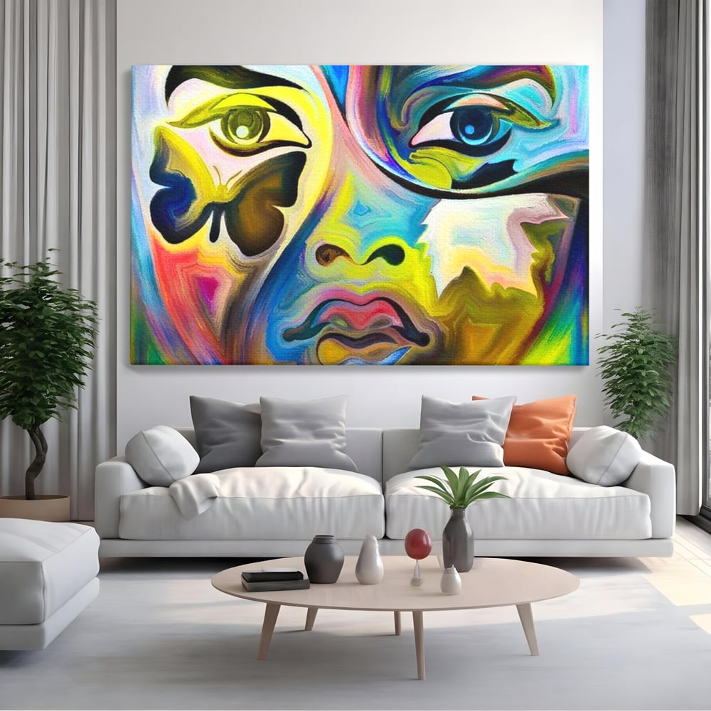Leinwand Premium Canvas Wandkunst, LuxCanva® M1140, Labyrinth des Blicks, Portrait, Gesicht, Blick, Augen, Gesicht, Schmetterling, Abstrakte Kunst, Mehrfarbig, Transformation, Modern, Büro, Wohnen, Kinderzimmer