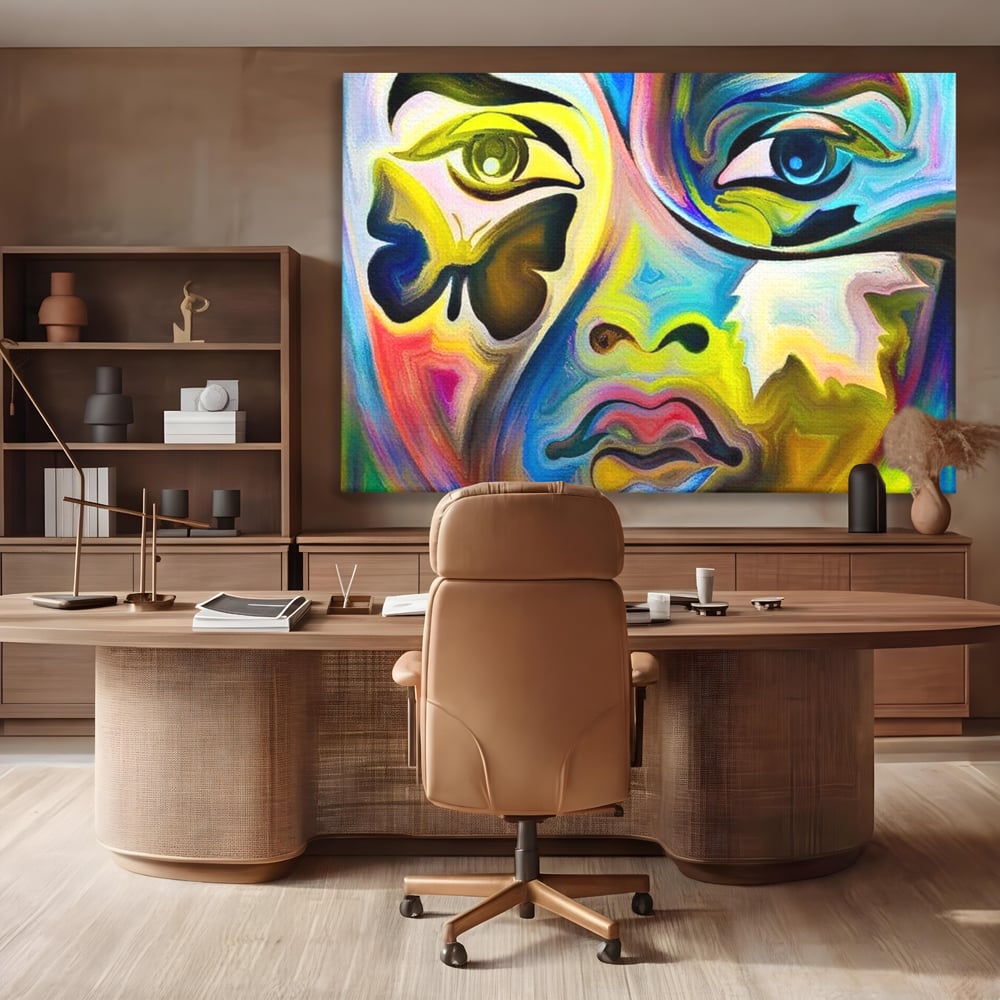 Leinwand Premium Canvas Wandkunst, LuxCanva® M1140, Labyrinth des Blicks, Portrait, Gesicht, Blick, Augen, Gesicht, Schmetterling, Abstrakte Kunst, Mehrfarbig, Transformation, Modern, Büro, Wohnen, Kinderzimmer