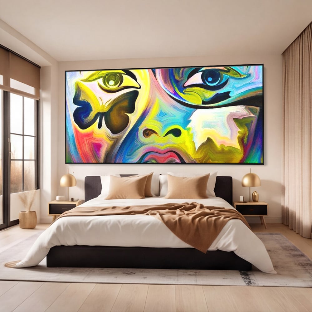 Leinwand Premium Canvas Wandkunst, LuxCanva® M1140, Labyrinth des Blicks, Portrait, Gesicht, Blick, Augen, Gesicht, Schmetterling, Abstrakte Kunst, Mehrfarbig, Transformation, Modern, Büro, Wohnen, Kinderzimmer