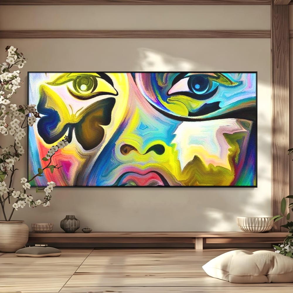 Leinwand Premium Canvas Wandkunst, LuxCanva® M1140, Labyrinth des Blicks, Portrait, Gesicht, Blick, Augen, Gesicht, Schmetterling, Abstrakte Kunst, Mehrfarbig, Transformation, Modern, Büro, Wohnen, Kinderzimmer