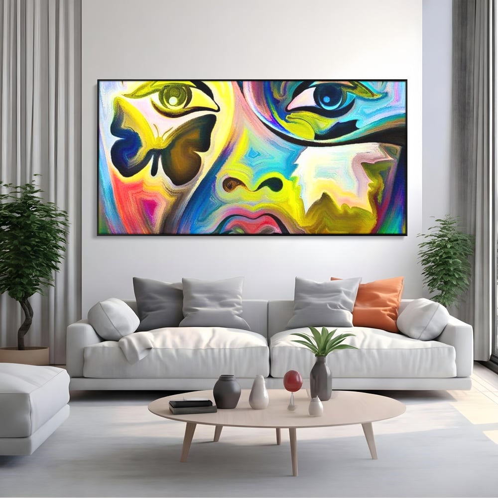 Leinwand Premium Canvas Wandkunst, LuxCanva® M1140, Labyrinth des Blicks, Portrait, Gesicht, Blick, Augen, Gesicht, Schmetterling, Abstrakte Kunst, Mehrfarbig, Transformation, Modern, Büro, Wohnen, Kinderzimmer