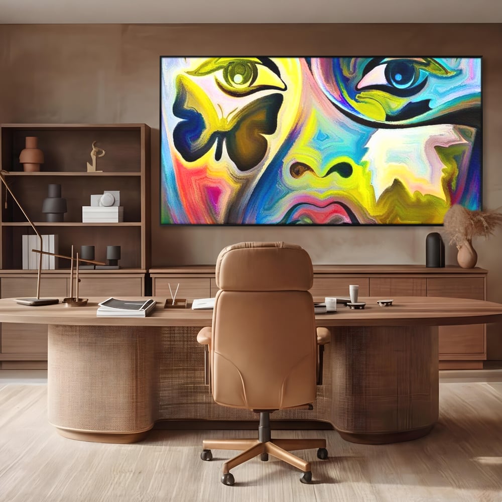Leinwand Premium Canvas Wandkunst, LuxCanva® M1140, Labyrinth des Blicks, Portrait, Gesicht, Blick, Augen, Gesicht, Schmetterling, Abstrakte Kunst, Mehrfarbig, Transformation, Modern, Büro, Wohnen, Kinderzimmer