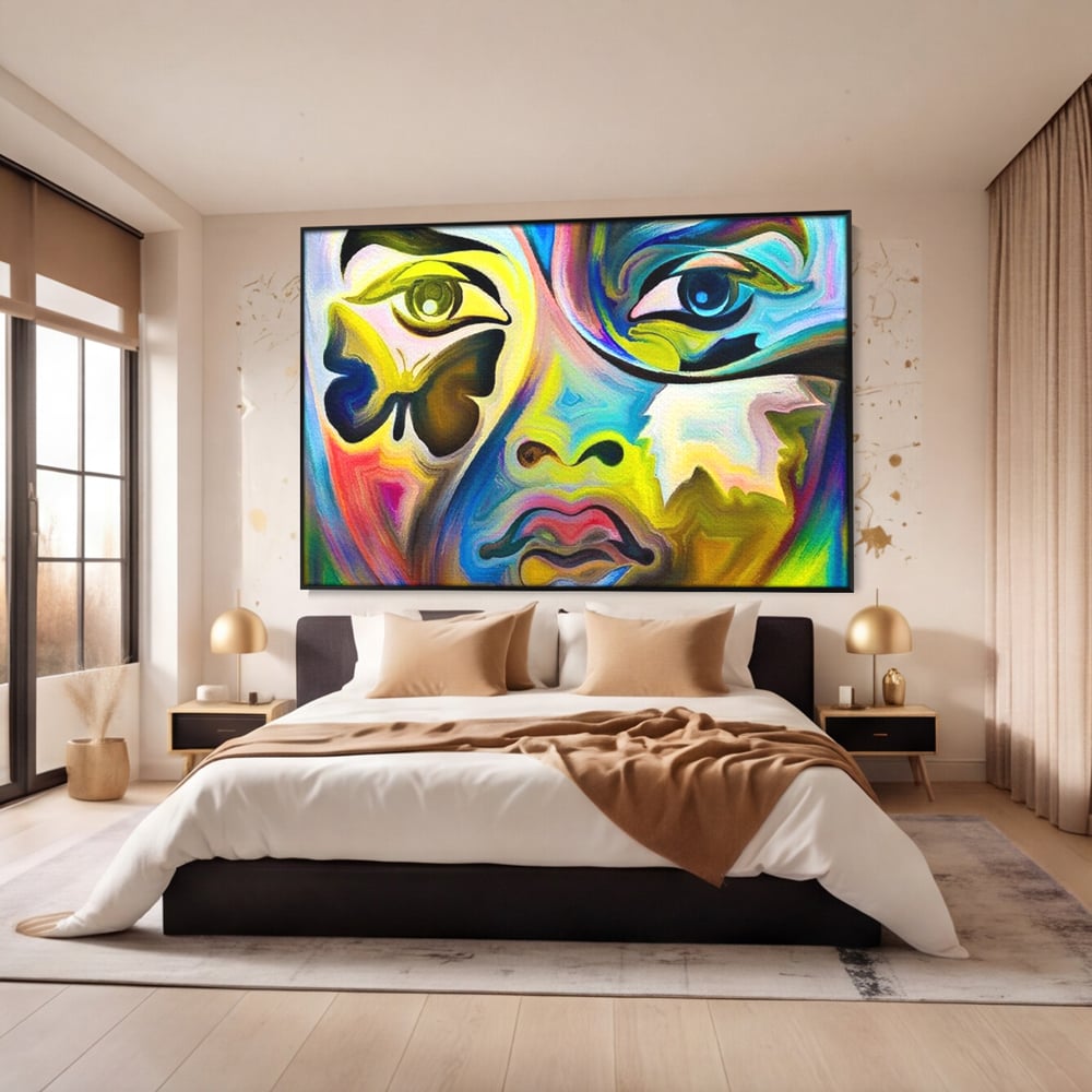 Leinwand Premium Canvas Wandkunst, LuxCanva® M1140, Labyrinth des Blicks, Portrait, Gesicht, Blick, Augen, Gesicht, Schmetterling, Abstrakte Kunst, Mehrfarbig, Transformation, Modern, Büro, Wohnen, Kinderzimmer
