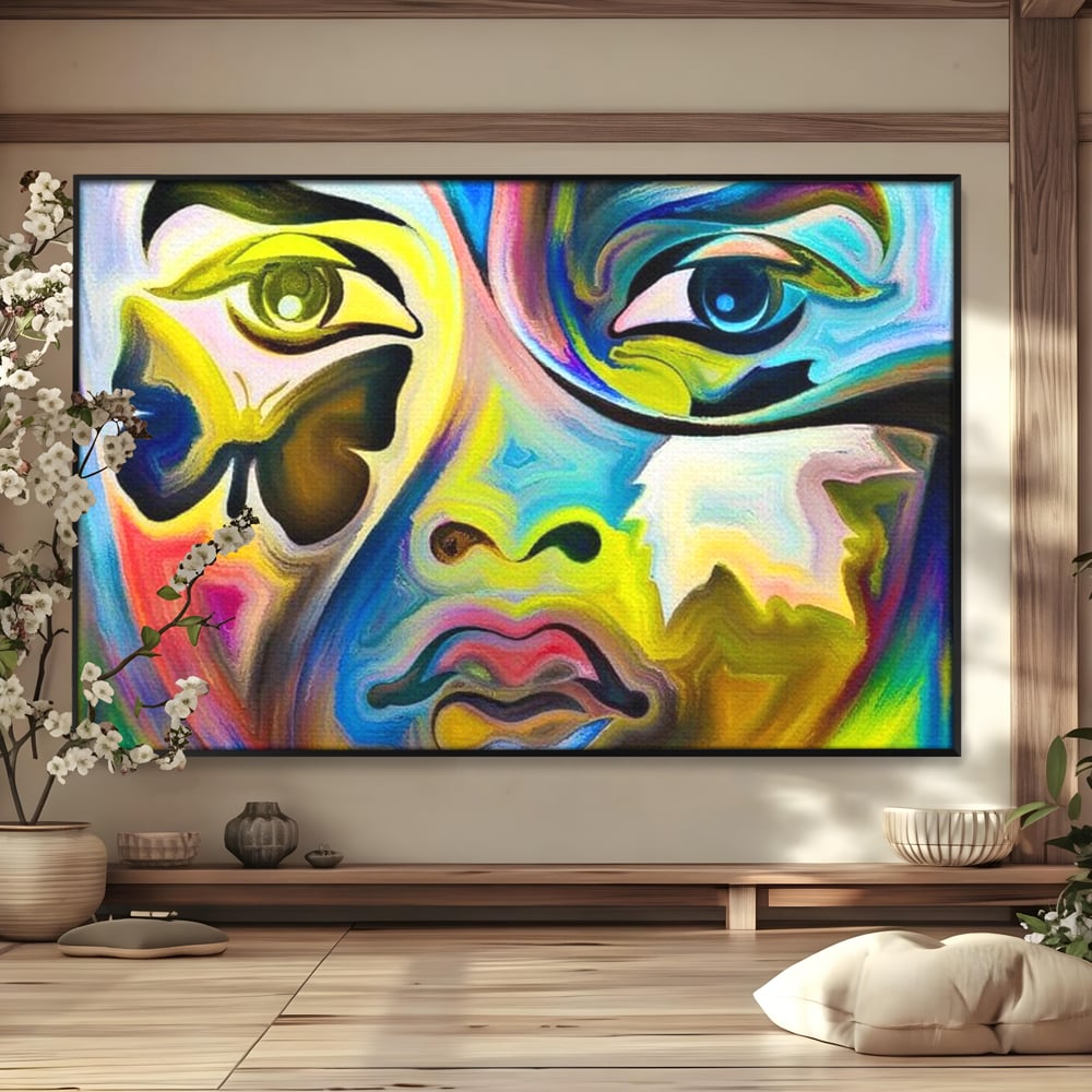 Leinwand Premium Canvas Wandkunst, LuxCanva® M1140, Labyrinth des Blicks, Portrait, Gesicht, Blick, Augen, Gesicht, Schmetterling, Abstrakte Kunst, Mehrfarbig, Transformation, Modern, Büro, Wohnen, Kinderzimmer