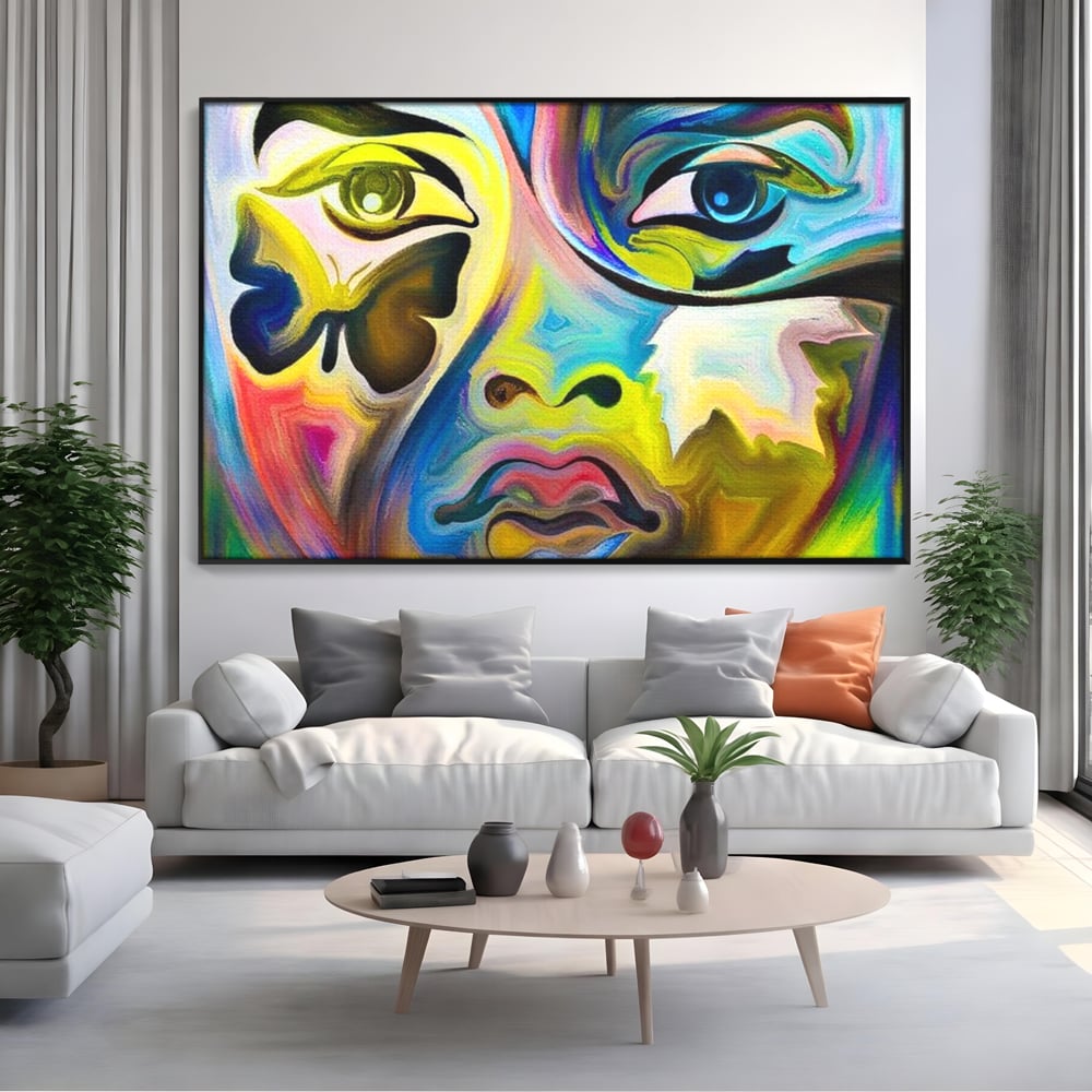 Leinwand Premium Canvas Wandkunst, LuxCanva® M1140, Labyrinth des Blicks, Portrait, Gesicht, Blick, Augen, Gesicht, Schmetterling, Abstrakte Kunst, Mehrfarbig, Transformation, Modern, Büro, Wohnen, Kinderzimmer
