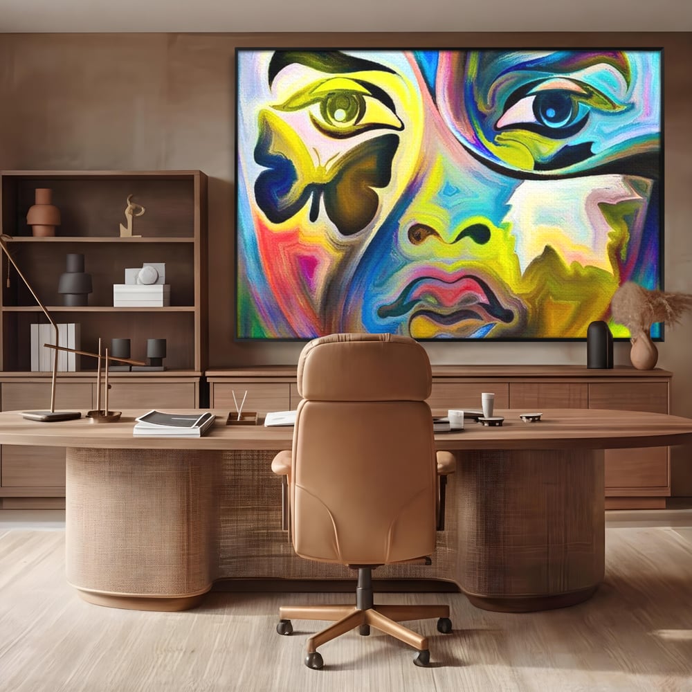 Leinwand Premium Canvas Wandkunst, LuxCanva® M1140, Labyrinth des Blicks, Portrait, Gesicht, Blick, Augen, Gesicht, Schmetterling, Abstrakte Kunst, Mehrfarbig, Transformation, Modern, Büro, Wohnen, Kinderzimmer